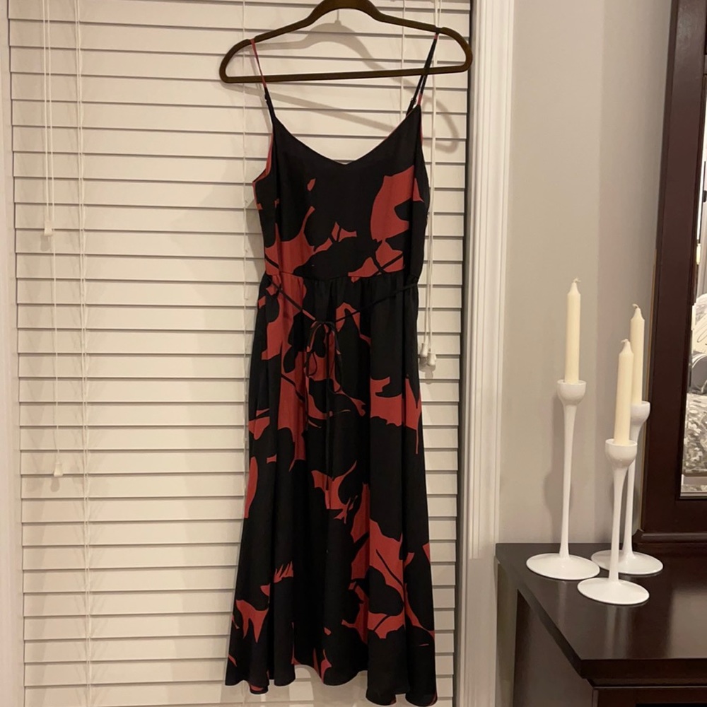 Loft Black & Mauve Floral Midi Dress